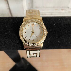 Women's White & Gold Watch w/ Greek Key Design/Spring Clasp